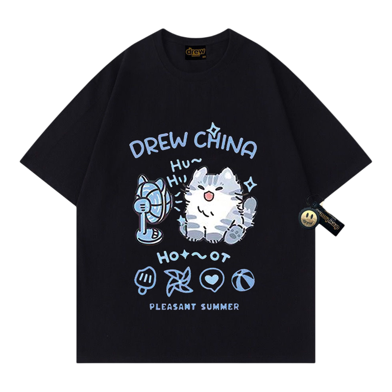 drew笑脸潮牌猫咪美式可爱T恤衫
