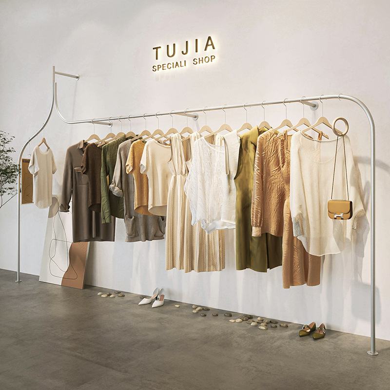 服装店展示架女装店创意上墙银金色铁艺挂衣架商场衣服陈列架货架