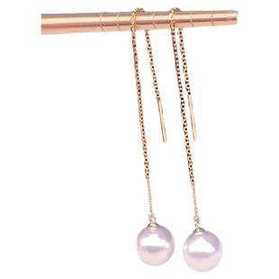 天然淡水珍珠粉耳环耳饰女白色黑色正圆长款耳线时尚耳坠14k包金