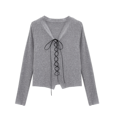 韩系上衣秋冬系带长袖针织开衫