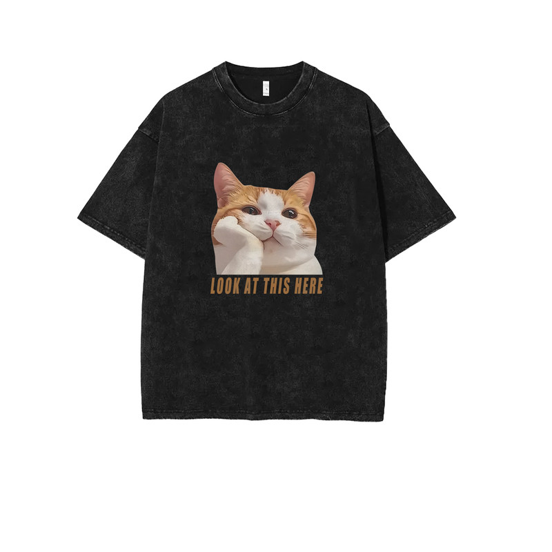可爱橘猫咪托腮表情包小众美式直喷印花短袖水洗做旧纯棉男装T恤