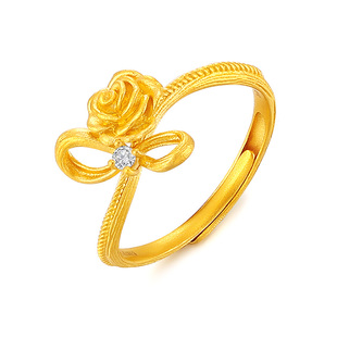 赛菲尔黄金戒指女丝带玫瑰戒足金莫桑石玫瑰花戒指214情人节礼物