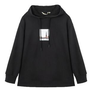 布景卫衣女冬季新品简约连帽长袖印花宽松落肩袖中长款上衣1407