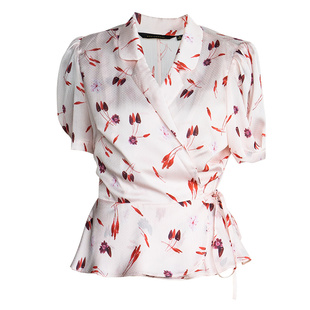 罗衣知性系带花色衬衫2025夏装新款气质收腰衬衣OL缎面上衣08757