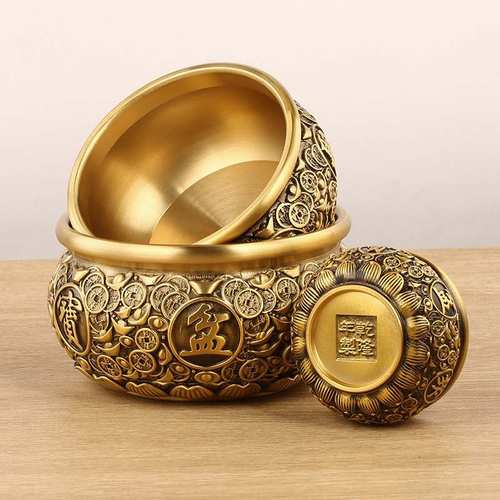 实心铜聚宝盆摆件金钱聚宝盆礼品家居摆设铜碗开业供奉元宝聚宝盆