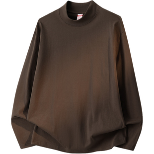 260g重磅纯棉美式t恤男长袖半高领打底衫内搭中领小衫全棉上衣服