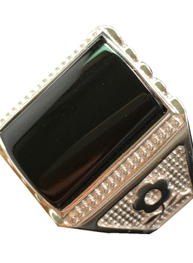 宝石戒指天然黑玛瑙s925纯银白金戒指 玉石镶嵌可调男指环带证