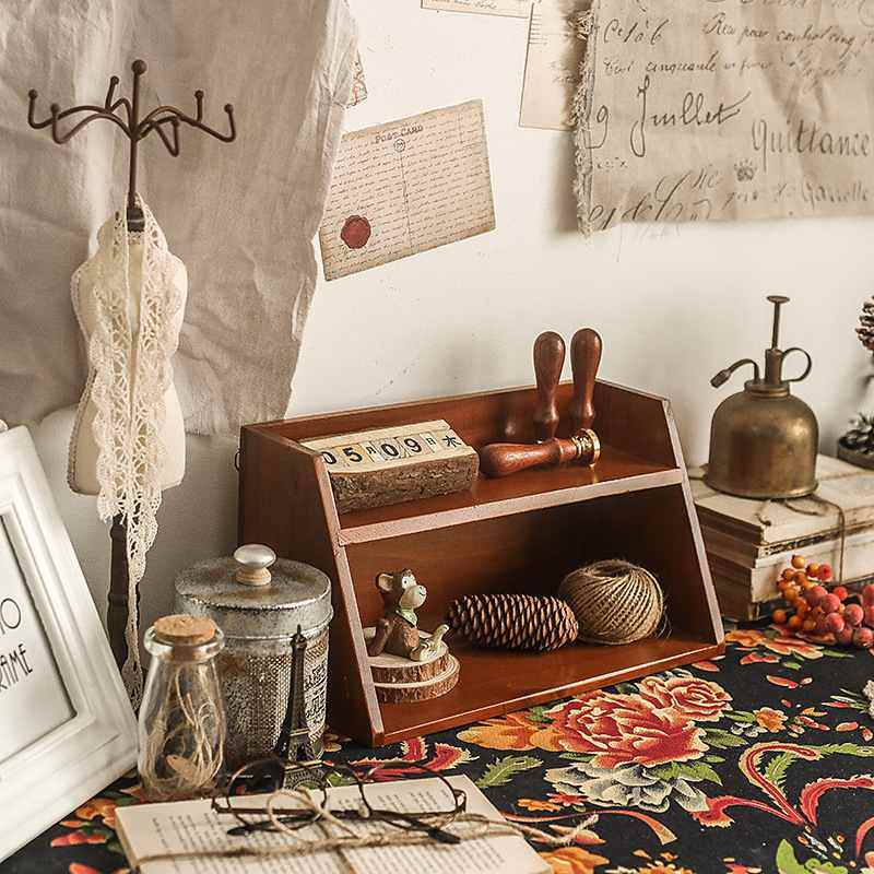 桌面化妆品收纳盒木质双层复古收纳杯子木制架子置物架办公室桌上