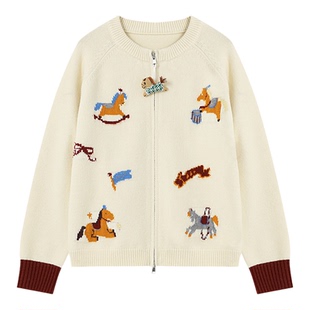 百家好米白色木马刺绣针织开衫女春装新款复古慵懒风显瘦外搭毛衣