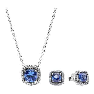 Pandora潘多拉闪耀光环方形耳钉蓝色精致轻奢礼物