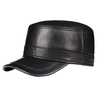 秋冬季薄款真皮帽子男士中老年人山羊皮鸭舌帽爸爸封口平顶帽冬天