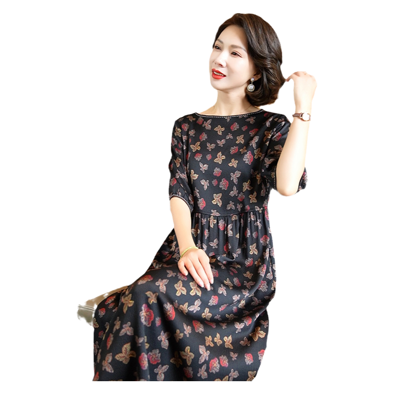 2025新款杭州真丝连衣裙女大牌气质妈妈碎花桑蚕丝裙子夏季高级感