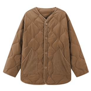 德玛纳拼接灯芯绒葫芦绗线棉衣女25冬季新款简约中长保暖棉服外套