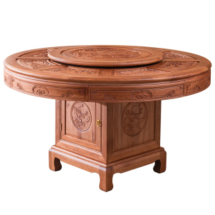 金花梨木实木餐桌椅组合中式仿古雕花烫蜡榫卯工艺家用红木大圆桌