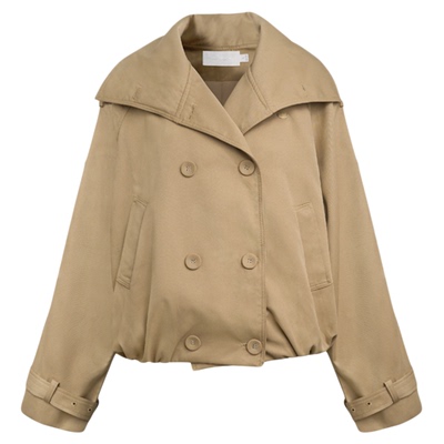 大翻领双排扣抽褶宽松风衣外套