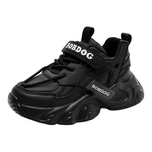 巴布豆童鞋男童黑色运动鞋2025秋季款皮面防水儿童鞋子女童老爹鞋