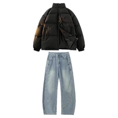 情侣男女棉服加绒牛仔裤套装男高级感三件套冬穿搭休闲保暖一整套