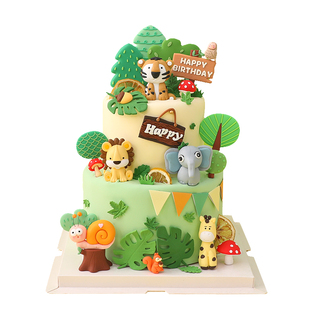 森系蛋糕装饰卡通小动物树桩路牌玩偶摆件儿童生日小树叶子插牌
