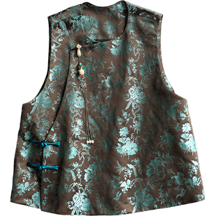 云澍原创 织锦缎新中式改良复古斜襟国风盘扣圆领马甲上衣女春季