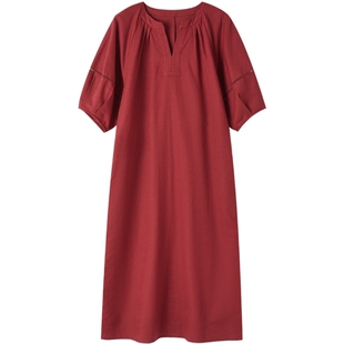 德玛纳亚麻气质通勤圆领连衣裙女25夏秋镂空短袖宽松中长款直筒裙