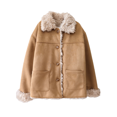 韩系冬季毛毛翻领仿麂皮绒外套