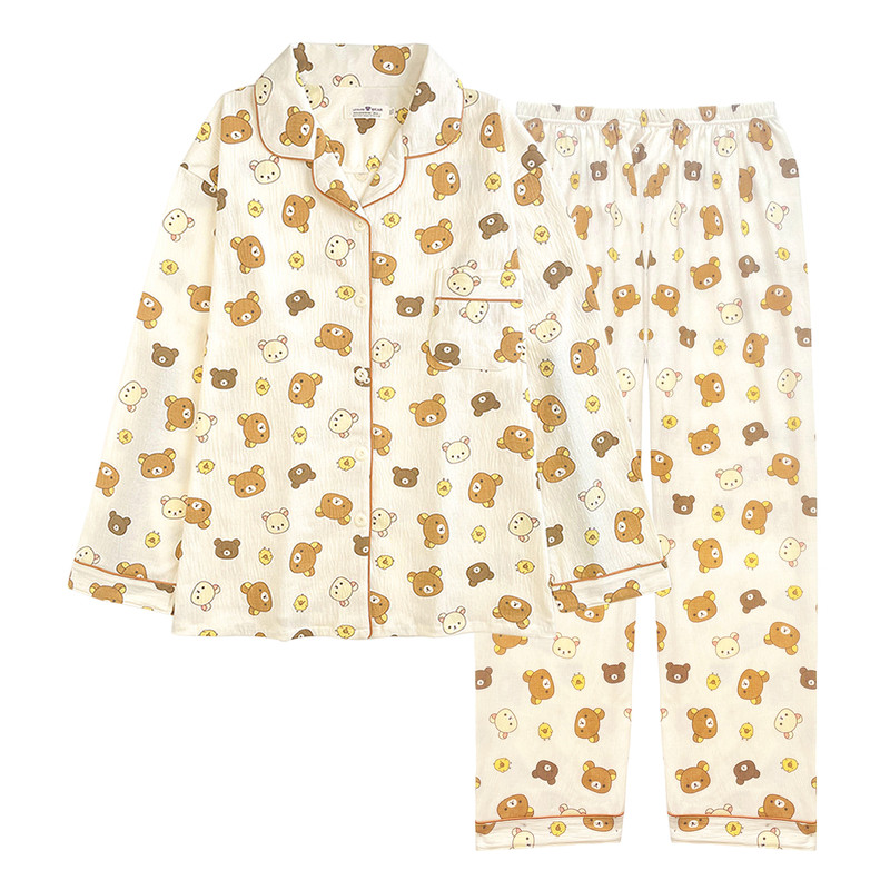 日系轻松熊纱布睡衣女春秋款长袖睡衣/家居服套装