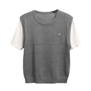 她池假两件针织衫2026夏季新款女装时尚圆领短袖套头宽松款上衣