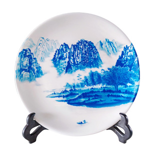 新中式山水陶瓷摆盘中式青花瓷摆件书桌桌面摆放玄关博古架装饰品