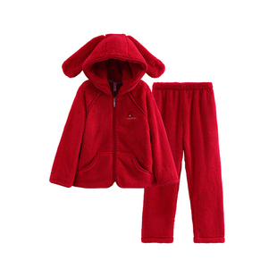 芬腾情侣睡衣秋冬珊瑚绒连帽套装男女款结婚本命年红色家居服冬季