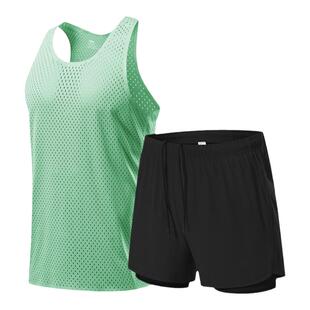 速干运动套装男跑步短裤无袖背心健身夜跑训练服夏冰丝专业晨跑服