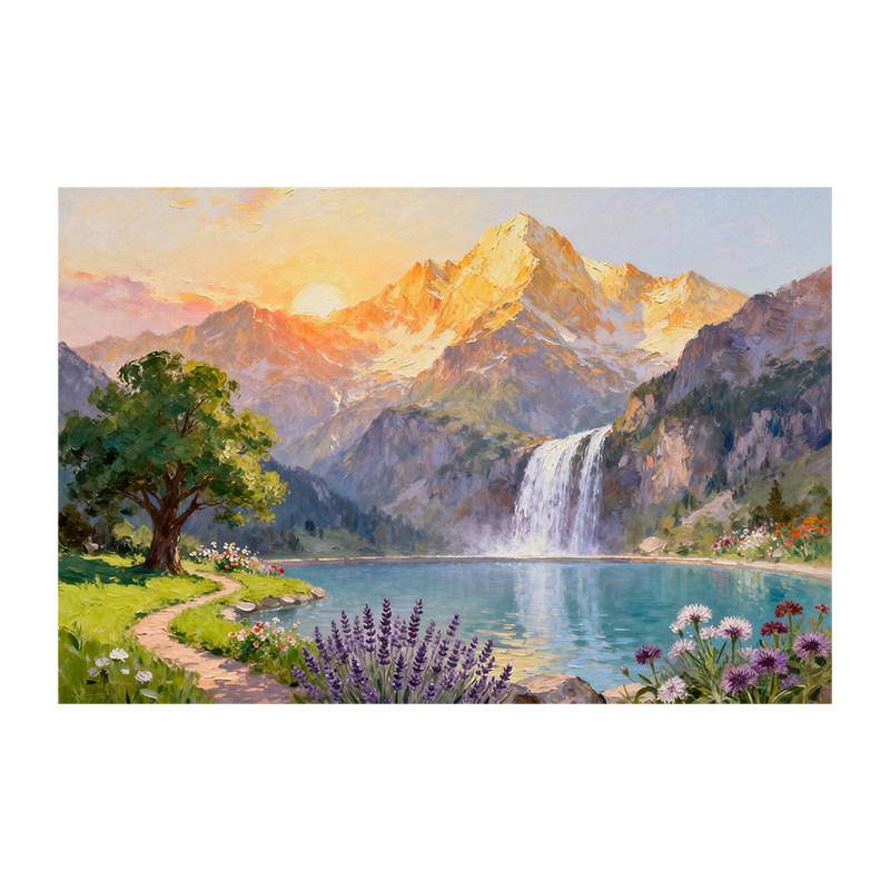 可班纯手绘油画日照金山玄关装饰