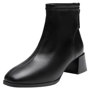 大东女鞋时装靴2025冬季新款加绒中粗跟女短靴后拉链时尚通勤女靴