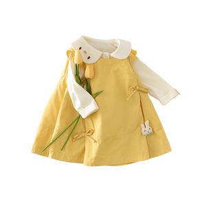 女宝宝连衣裙春季小女孩翻领卡通裙子小兔子黄色背心裙可爱外出裙