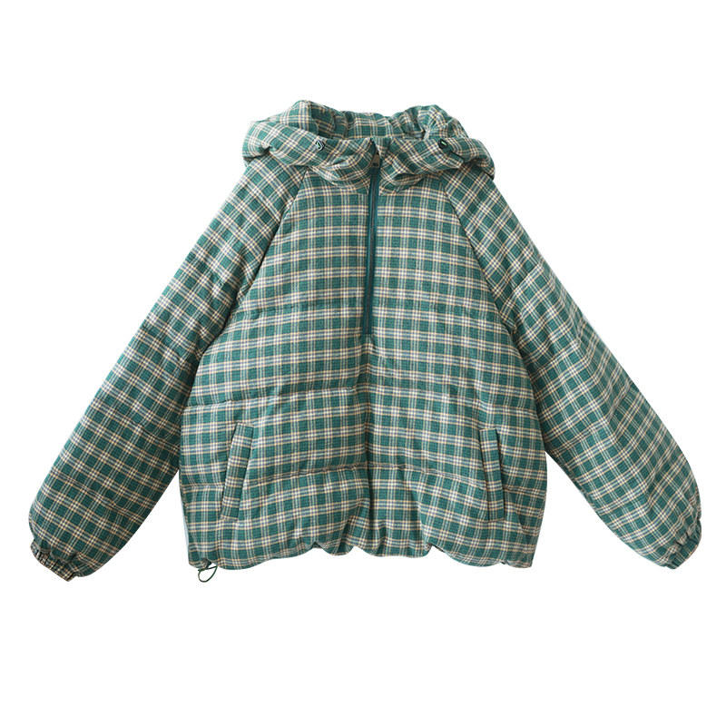 忆旧文艺连帽格纹羽绒服加厚短款
