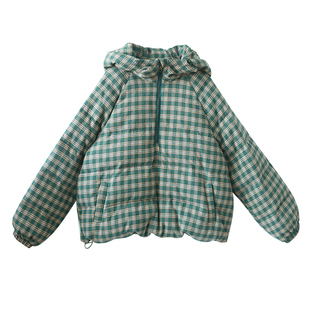 现货【暖苔】文艺连帽格纹羽绒服女士冬季短款加厚保暖白鸭绒外套