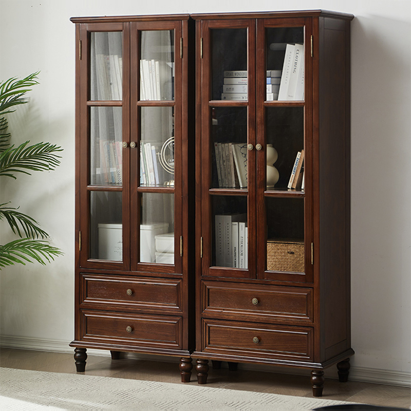 美式风全实木书柜两门书柜储物柜书房带玻璃带门书架落地书橱家用
