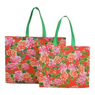 东北大花无纺布手提袋国潮风印花喜庆大红色伴手礼婚礼节日礼品袋