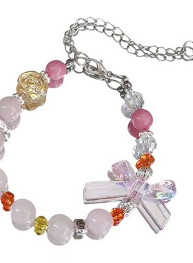 【粉晶蝶韵】MIES原创设计油画渲染串珠手链色蝴蝶碎石水晶珠手串