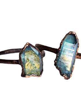 铜电铸复古浅绿色光环石英尖戒指