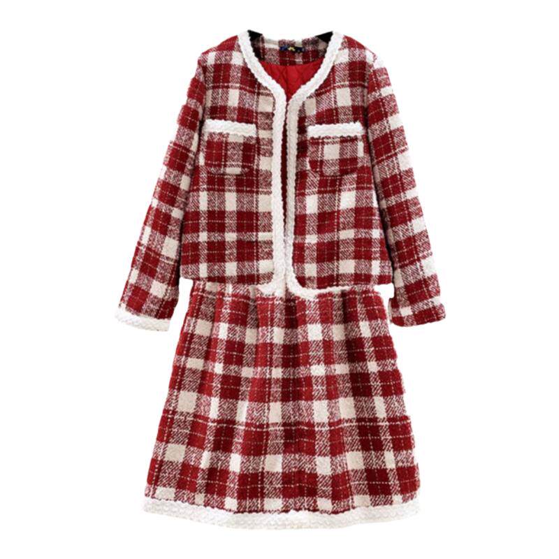 小香风过年红色格子套装裙订婚服