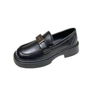 牛皮版~厚底乐福鞋女2026春新款粗跟学院风百搭黑色软底小皮鞋单