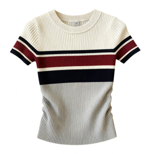 夏装女款2026年新款冰丝针织短袖t恤女条纹显瘦独特漂亮气质上衣