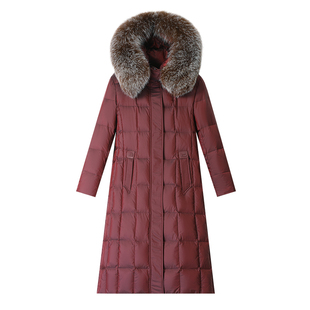 红色羽绒服女喜婆婆婚宴妈妈冬装洋气过膝加厚狐狸大毛领皮草外套