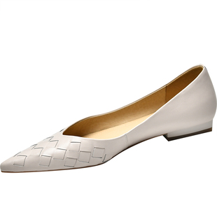 皮厚先生 低跟尖头平底鞋女 米白色真皮浅口单鞋2024春季新款女鞋