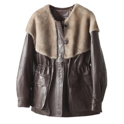 皮毛一体拼接真皮羽绒服女款2025新款中长款收腰保暖鹅绒皮衣外套