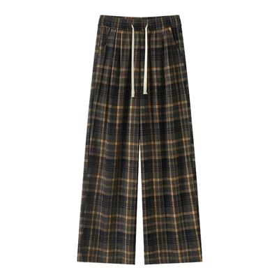真维斯复古黑色格子裤大码阔腿裤