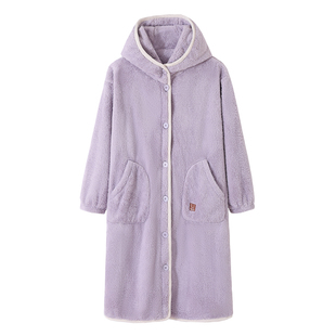 睡袍女冬季珊瑚绒加厚加绒浴袍睡衣女款秋冬法兰绒可外穿长款浴衣