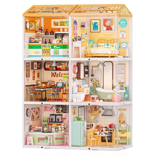 手工diy小屋场景拼装超级世界厨房面包店积木儿童益智玩具礼物女