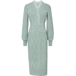 2025秋季新款女装木耳肌理感修身针织裙子长袖中长连衣裙花面呢