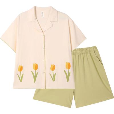 秋鹿纯棉夏季睡衣女款短袖短裤开衫女士家居服夏天简约可外穿套装